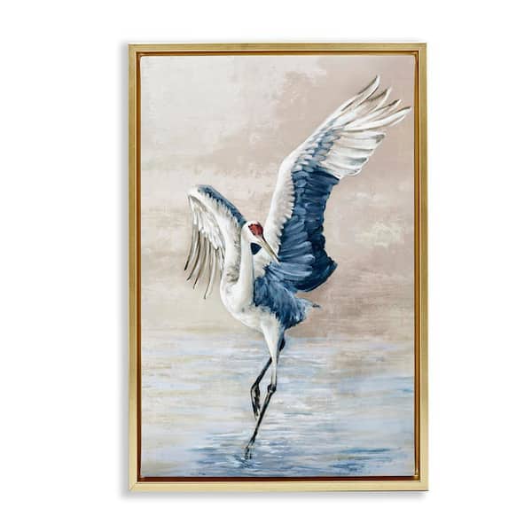 Stupell Industries Dancing Crane on Shore by Eli Jones Gold Floater Frame Animal Graphic Art Print 31 in. x 21 in.