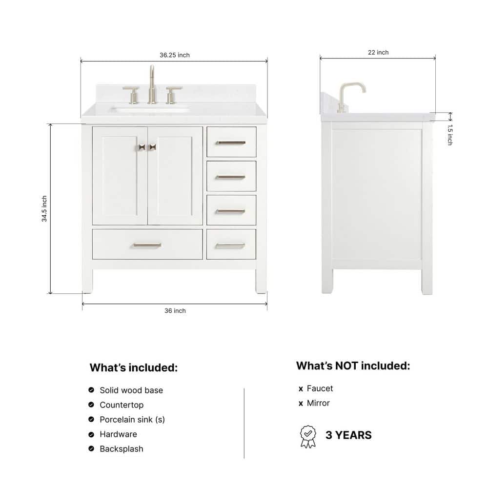 Cambridge 36" White Hardwood Freestanding Vanity with Quartz Top