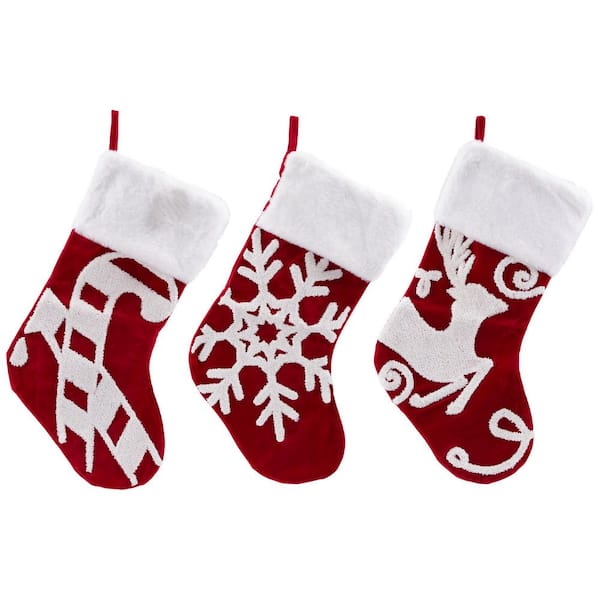 20 in. Reindeer and Snowflake Embroidered Christmas Stockings-Set of 3