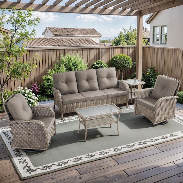 PlainCurve 5-Piece Gray Wicker Patio Conversation Set with Swivel Glider Chairs and  Olefin Gray Cushions