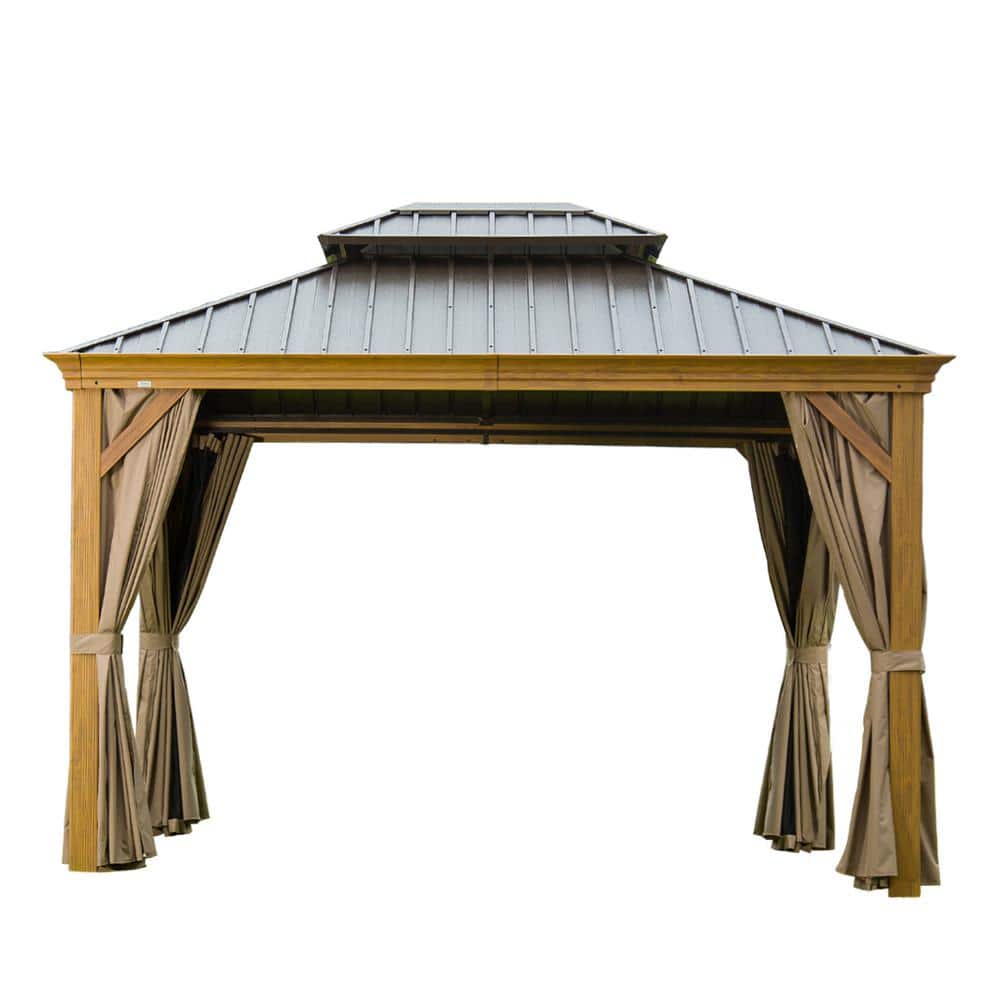 10x12 Brown Aluminum Hardtop Gazebo with Curtains and Netting