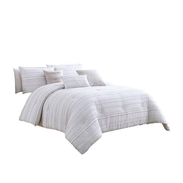 Benjara 6- Piece White and Gray Solid Print Cotton King Comforter Set