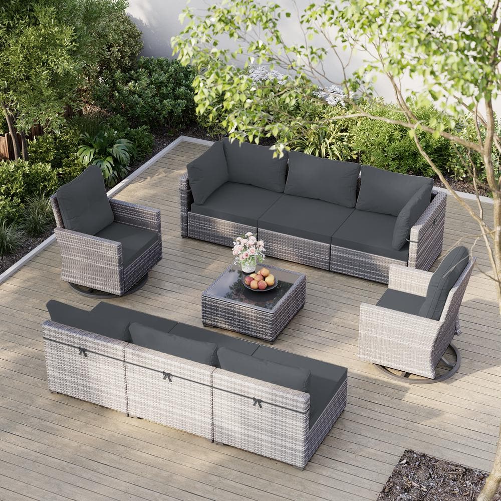 UPHA 9-Piece Gray Wicker Patio Conversation Set with Swivel Chair and ...