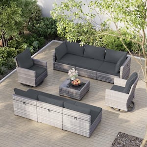 9-Piece Gray Wicker Patio Conversation Set with Swivel Chair and Dark Gray Cushions