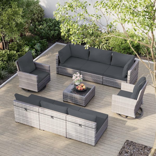 UPHA 9-Piece Gray Wicker Patio Conversation Set with Swivel Chair and Dark Gray Cushions