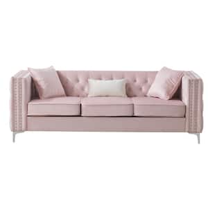 Paige 86 in. Square Arm Velvet Rectangle Tufted Straight Sofa in Pink