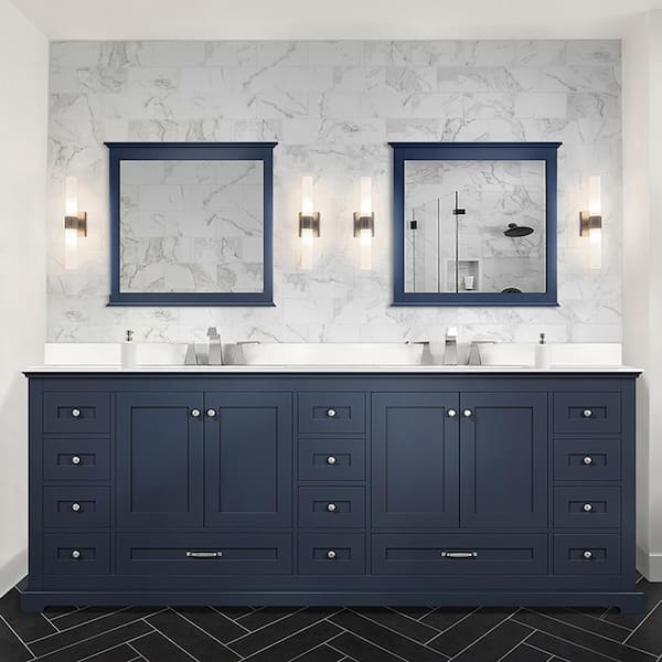 Lexora Dukes 84 in. W x 22 in. D Navy Blue Double Bath Vanity, White Quartz Top, and 34 in. Mirrors