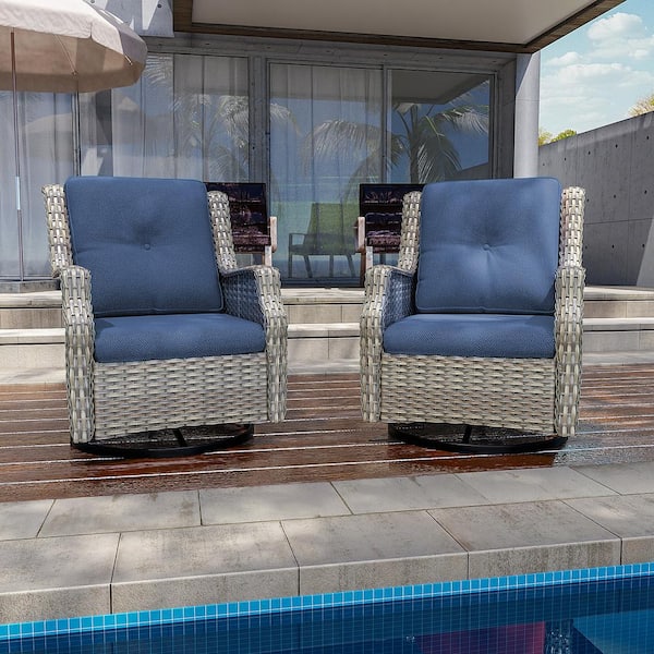 Outdoor Patio Wicker Swivel Lounge Chair with Blue Cushions (2-Pack)