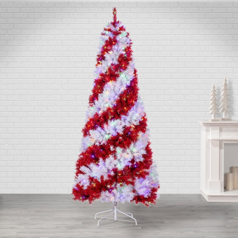 7.5 ft Red and White Pre-Lit Pine Christmas Tree with Multicolor LED Lights