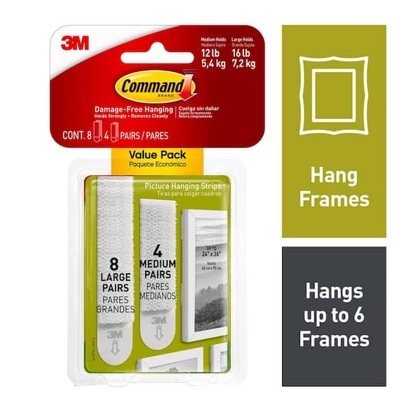 Command Medium Picture Hanging Strips 17201-ES Adhesive White 3 Pair Set,  3-Pack