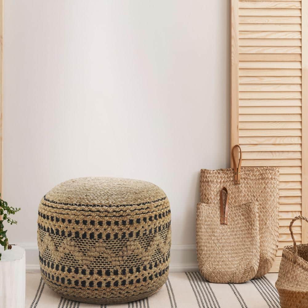 Tan and Black Hand-Woven Jute Cotton Round Pouf