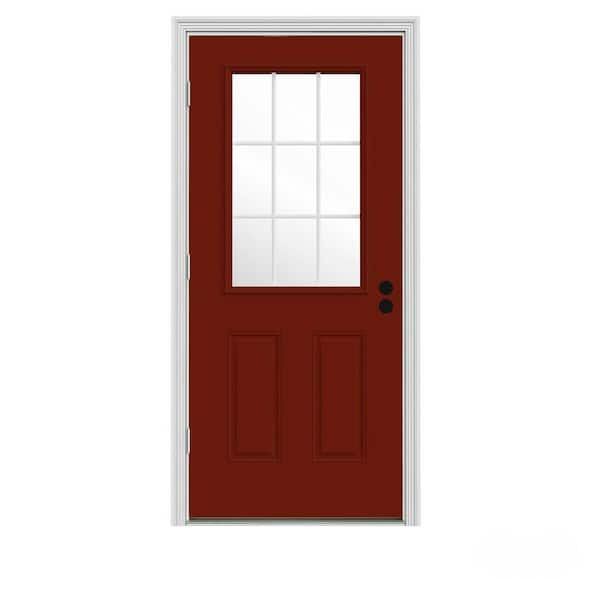 JELD-WEN 30 in. x 80 in. 9 Lite Mesa Red Painted w/ White Interior Steel Prehung Right-Hand Outswing Entry Door w/Brickmould