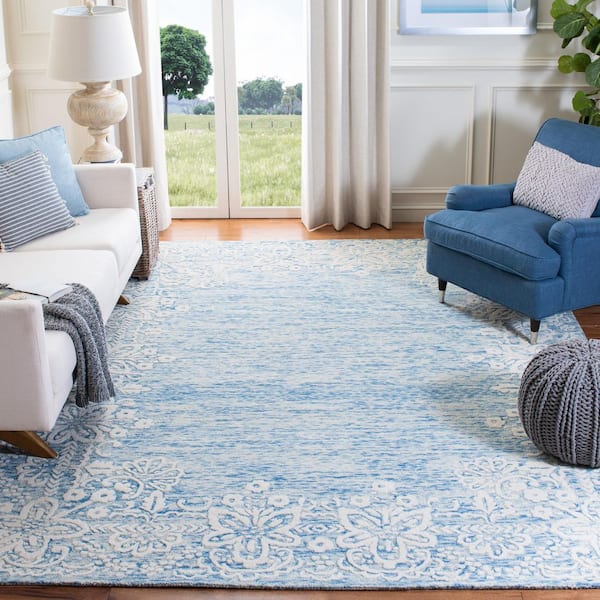 Glamour 9 ft. x 12 ft. Blue/Ivory Border Ornate Area Rug