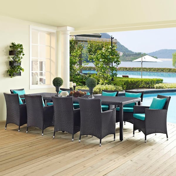 Convene Espresso 11-Piece Aluminum Outdoor Dining Set with Turquoise Blue Cushions
