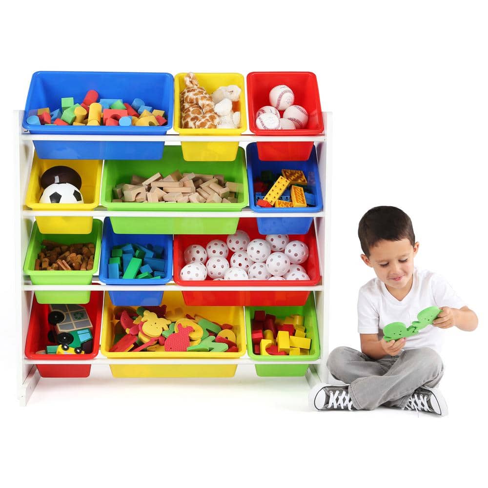 White and Primary Kids' Toy Storage Organizer with 12 Plastic Bins