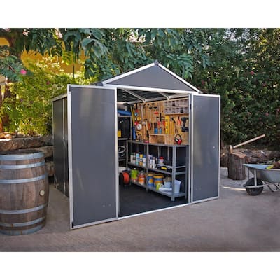 Rubicon 6 ft. W x 8 ft. D Resin Plastic Outdoor Garden Storage Shed with Floor (45.6 sq. f — Home Depot clearance