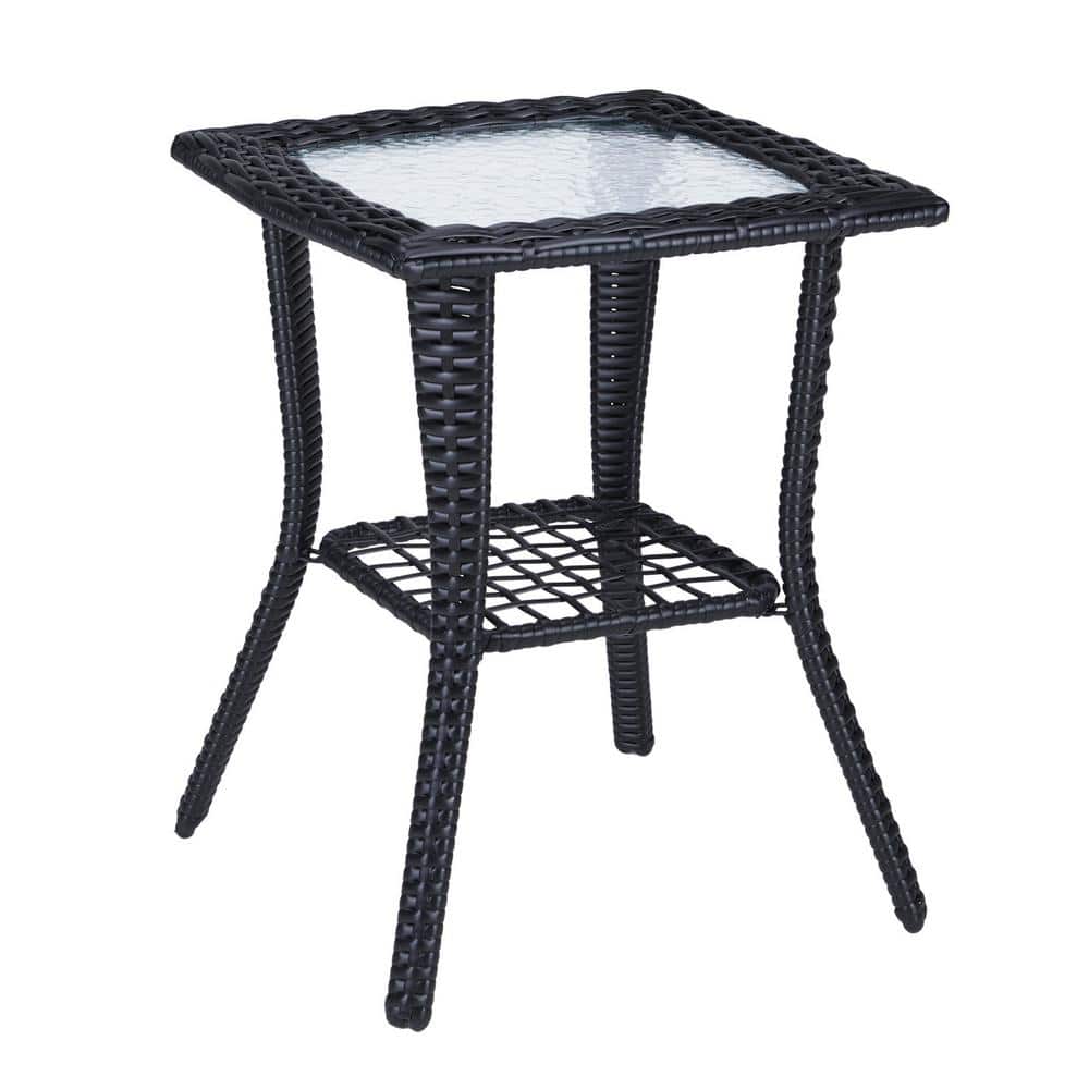 Black Wicker Outdoor End Table with Glass Top and Storage