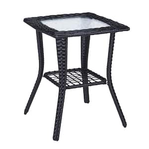 Black Square Wicker Outdoor Side Table with Storage Tempered Glass Top Wicker Table