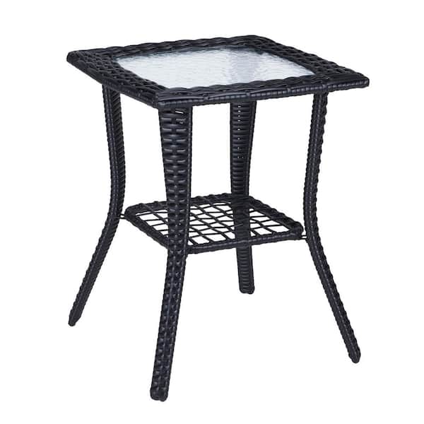 VINGLI Black Square Wicker Outdoor Side Table with Storage Tempered Glass Top Wicker Table