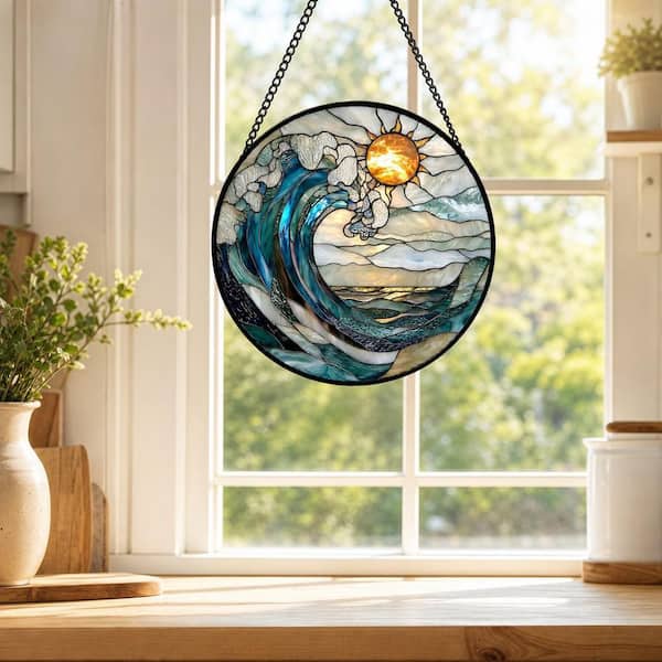 Angel Sar 6.3 in. Blue and White Waves Stained Glass Suncatcher
