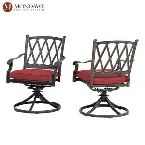 Cast Aluminum Outdoor Dining Chair 360-Degrees Direct-Net Backrest Swivel Chairs with Red Cushions (Set of 2)