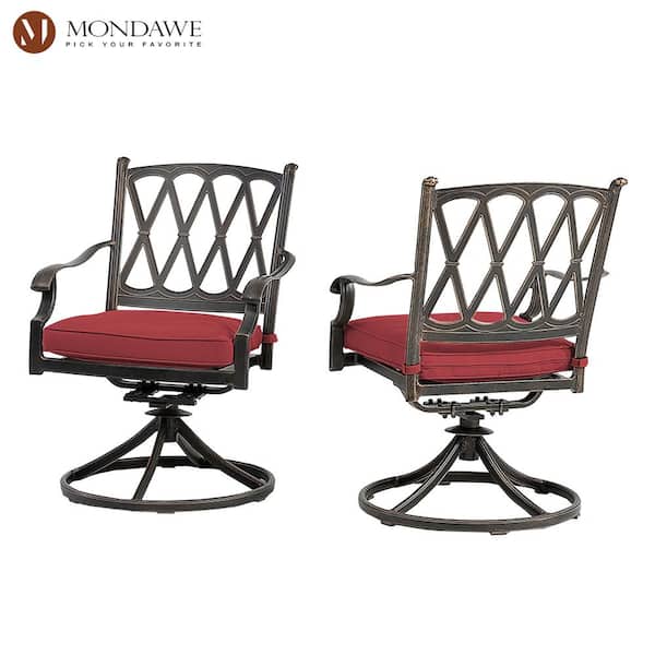 Mondawe Cast Aluminum Outdoor Dining Chair 360-Degrees Direct-Net Backrest Swivel Chairs with Red Cushions (Set of 2)
