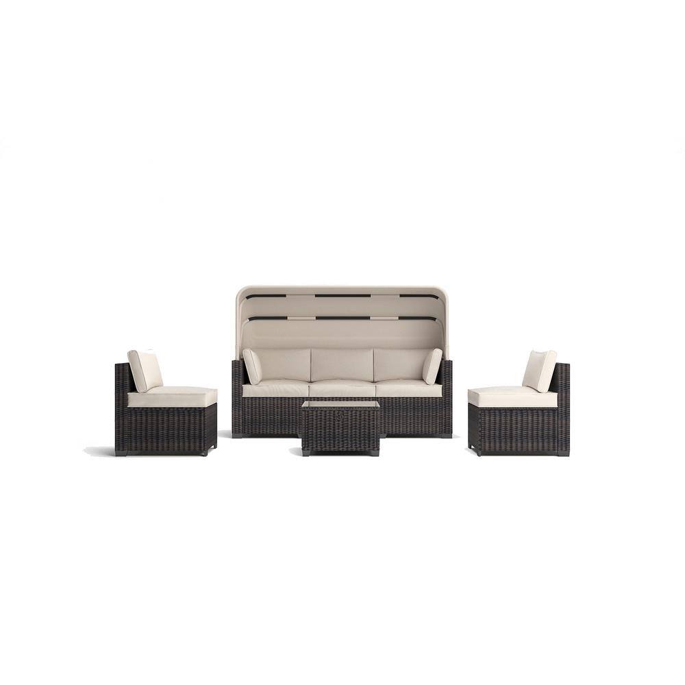 6 Piece Brown Wicker Outdoor Sectional Set Rattan Daybed with Beige Cushion