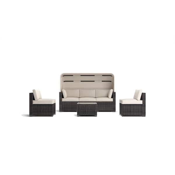 Unbranded 6 Piece Brown Wicker Outdoor Sectional Set Rattan Daybed with Beige Cushions Retractable Canopy and Adjustable Backrest