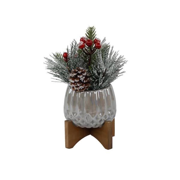 Flora Bunda 8 in. H Artificial Christmas Mix in 4 in. Gray Ceramic Cupcake on Stand