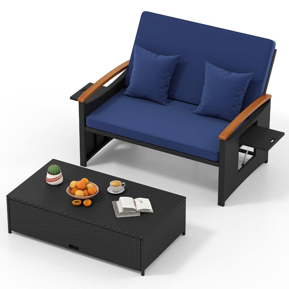 Outdoor Wicker Daybed Patio Rattan Loveseat and Storage Ottoman Set with Folding Panels and 4 Backrest Angles price history on PriceWatchPro