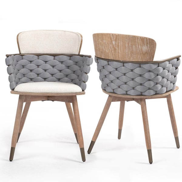 Glamour Home Bechor Beige and Gray Woven Fabric Dining Chair with Natural Wood Legs 2 (Set of Included)
