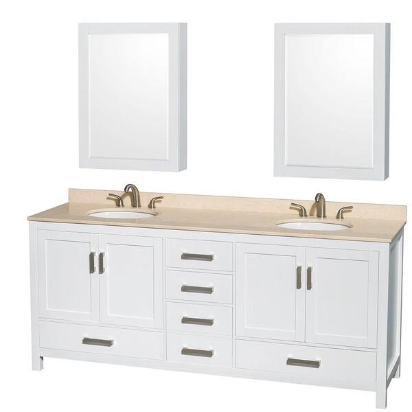 Wyndham Collection Sheffield 80 in. Double Vanity in White with Marble Vanity Top in Ivory and Medicine Cabinets