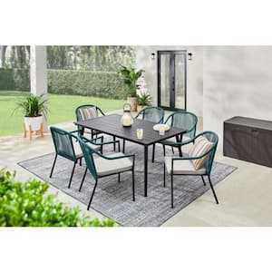 Heather Glen 7-Piece Steel Outdoor Dining Set with CushionGuard Stone Grey Cushions