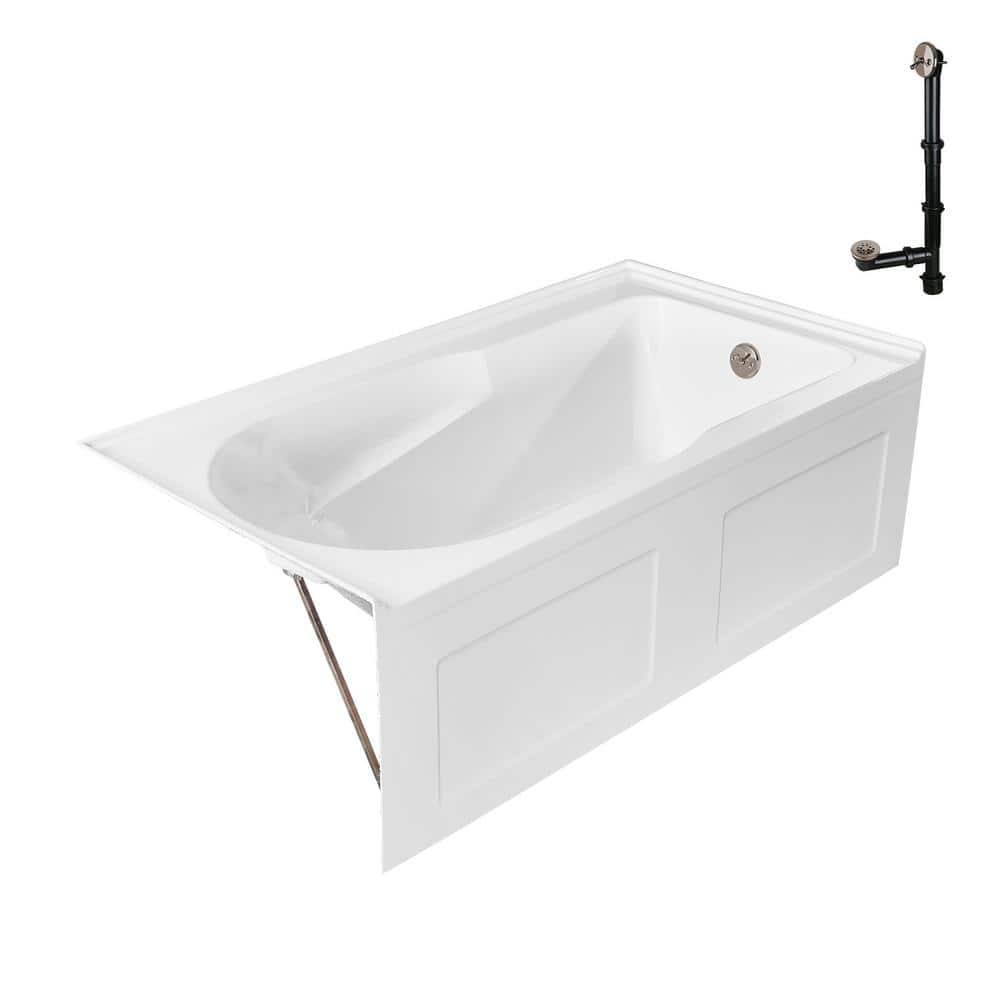 Glossy White Acrylic Right-Hand Drain Alcove Bathtub with Brushed Nickel External Drain