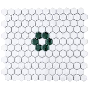Metro Ion 1" Hex Emerald Single Flower with Glossy White 10-1/4 in. x 11-7/8 in. Porcelain Mosaic Tile(8.6 sq. ft./Case)