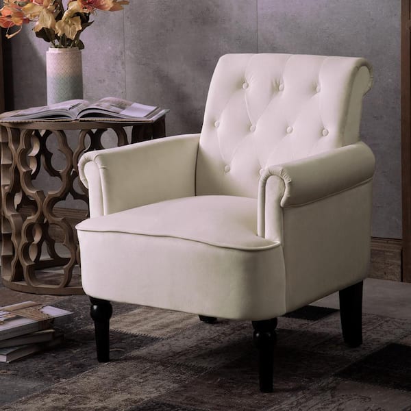 Off White Velvet Elegant On Tufted, Living Room Chairs With Rolled Arms