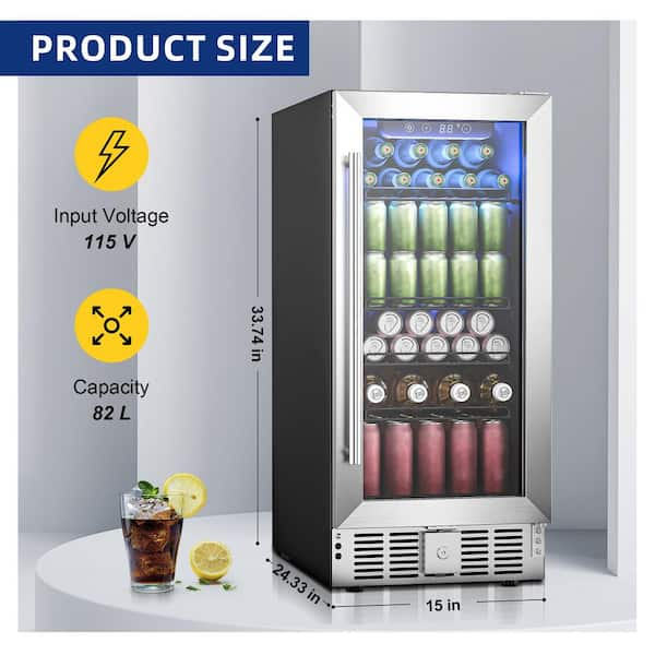 15 in. Single Zone 127-Cans Undercounter Freestanding/Built-in Beverage and Wine Cooler in Black, Visible Glass Door