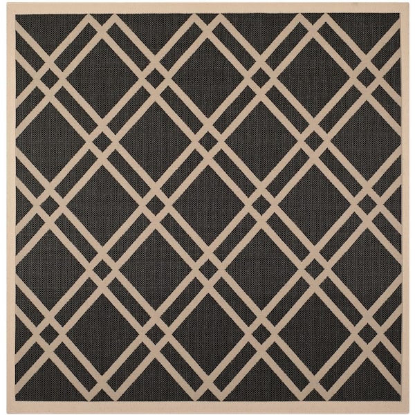 Courtyard Black/Beige 8 ft. x 8 ft. Square Geometric Indoor/Outdoor Patio  Area Rug