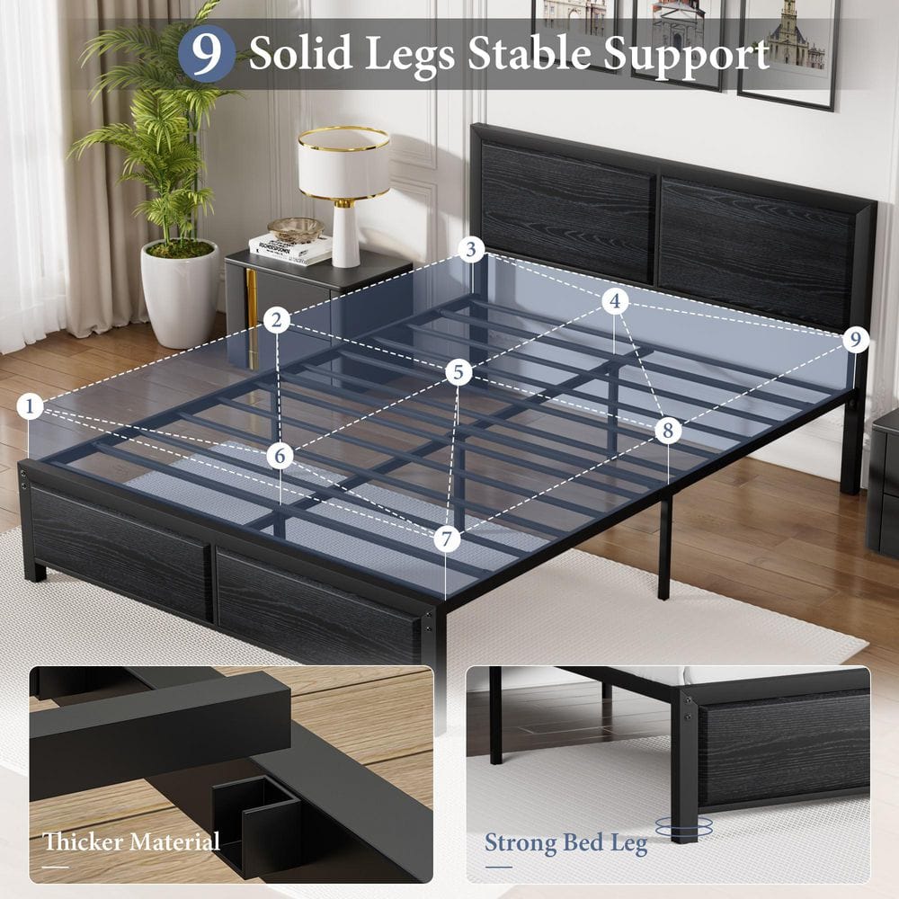 Metal Bed Frame Black Metal Frame Full Size Platform Bed with Rustic Country Style Wooden Headboard and Footboard - thumbnail 7