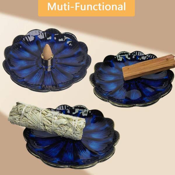 Afoxsos Blue Ceramic Incense Holder with 3-Piece Ash Catcher Set