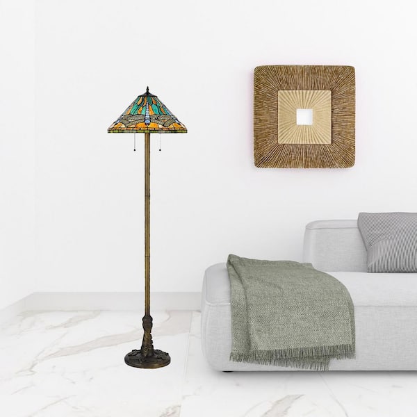 HomeRoots 62.5 in. Brass 2 Dimmable Full Range Standard Floor Lamp for Living Room with Glass Dome Shade 2000526321 The Home Depot
