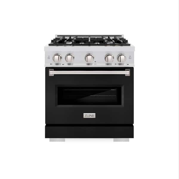 ZLINE Kitchen and Bath 30 in. Classic Gas Range with 4 Burner Cooktop and Convection Gas Oven in Satin Stainless Steel with Black Matte Door