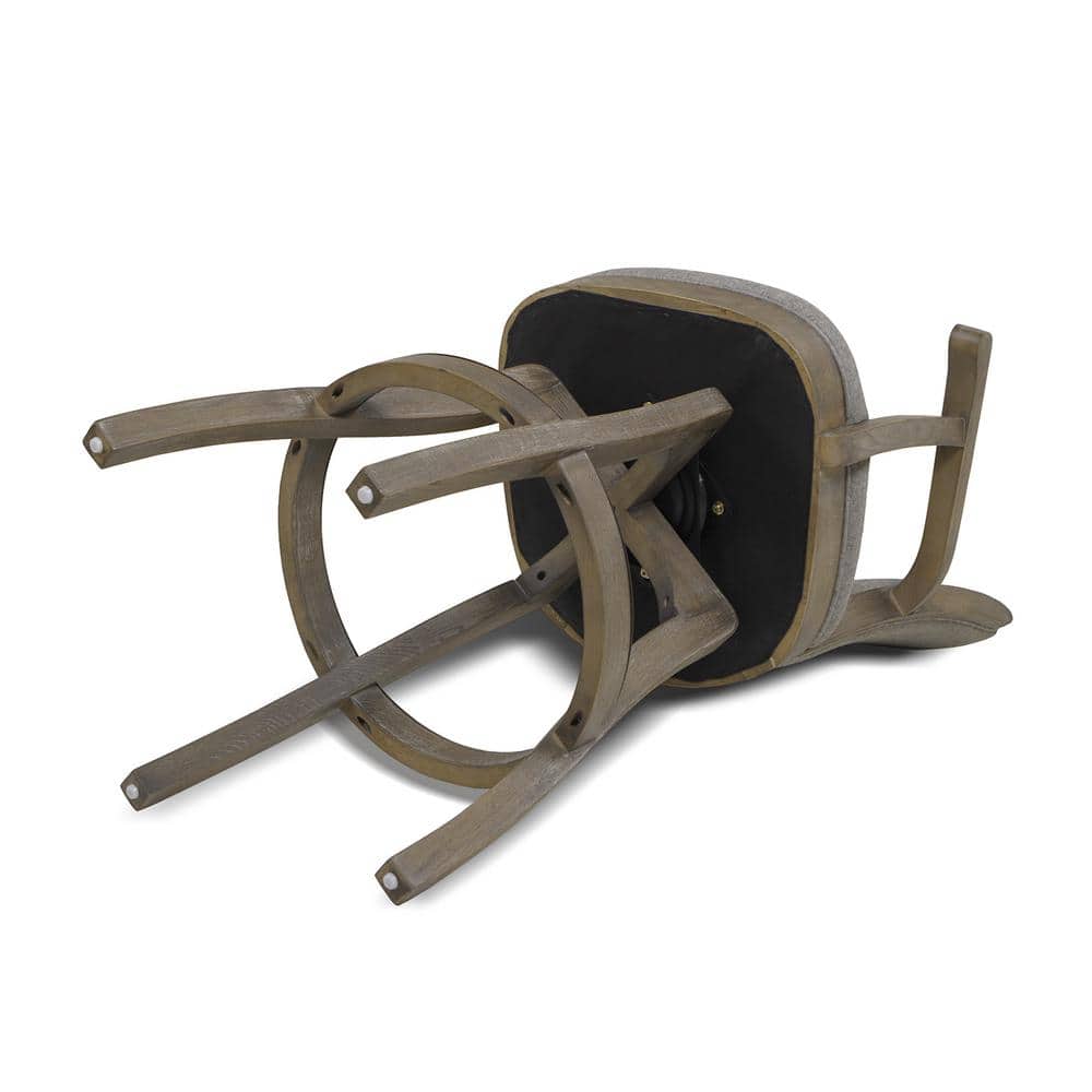 Distressed Wood Swivel Bar Stool with Gray Leather Cushion and Armrests