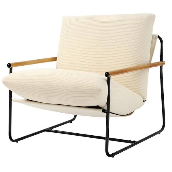 Accent Chair, Metal Framed Chair with Wooden Armrests, Outdoor Rocking Chair, Upholstered Armchair, with Beige Cushion