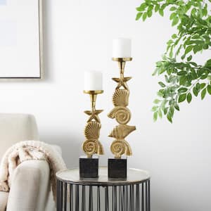 Gold Aluminum Shell Candle Holder with Black Marble Bases (Set of 2)