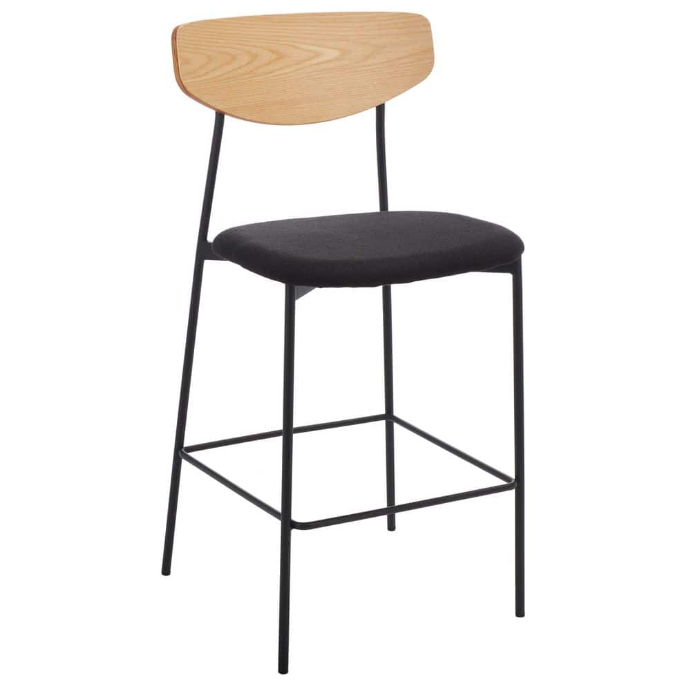 Mid-Century Oak and Black Iron Saddle Counter Stool