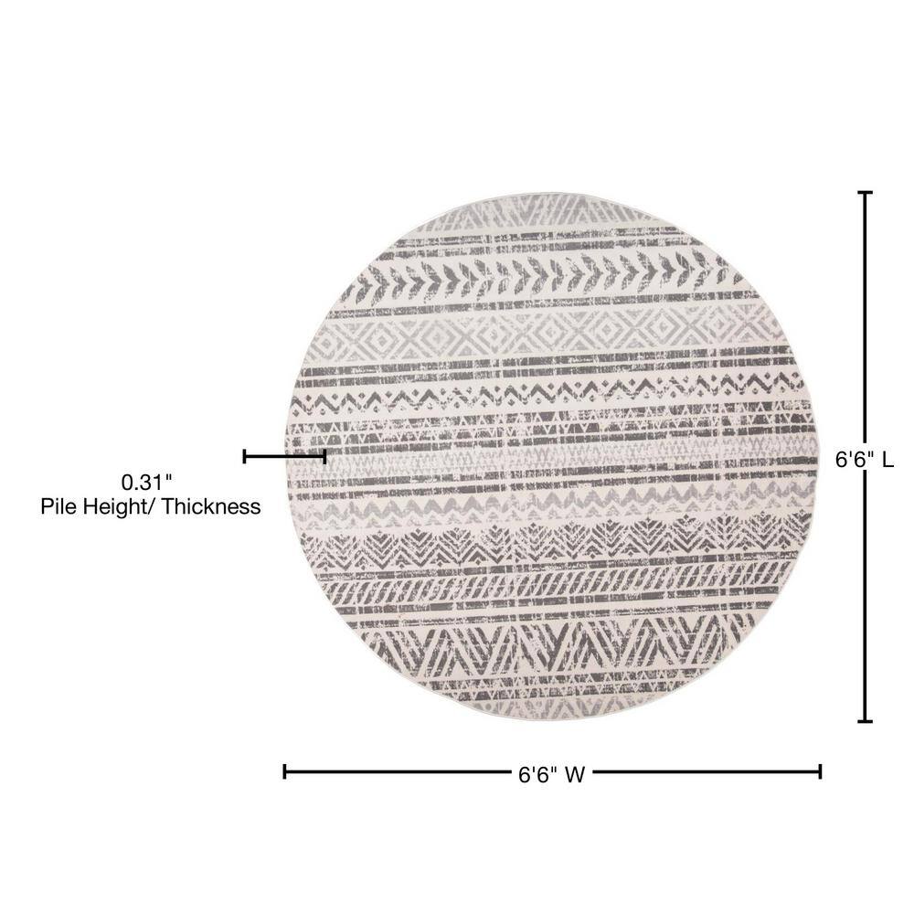 Gray Geometric Distressed Round Synthetic Area Rug 6'6"