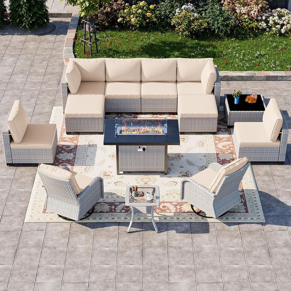 13-Piece Wicker Patio Conversation Set with Fire Pit Table and Top Table. Swivel Rocking Chairs with Beige Cushions price history on PriceWatchPro