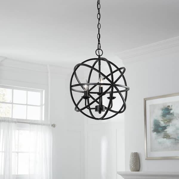 Home Decorators Collection Sarolta Sands 3-Light Black Chandelier Light Fixture with Caged Globe Metal Shade