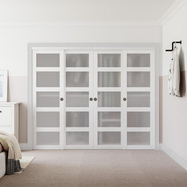 96 in. x 78.58 in. 5-Lite Frosted Glass Solid Core White Finished MDF Closet Sliding Door with Hardware Kit